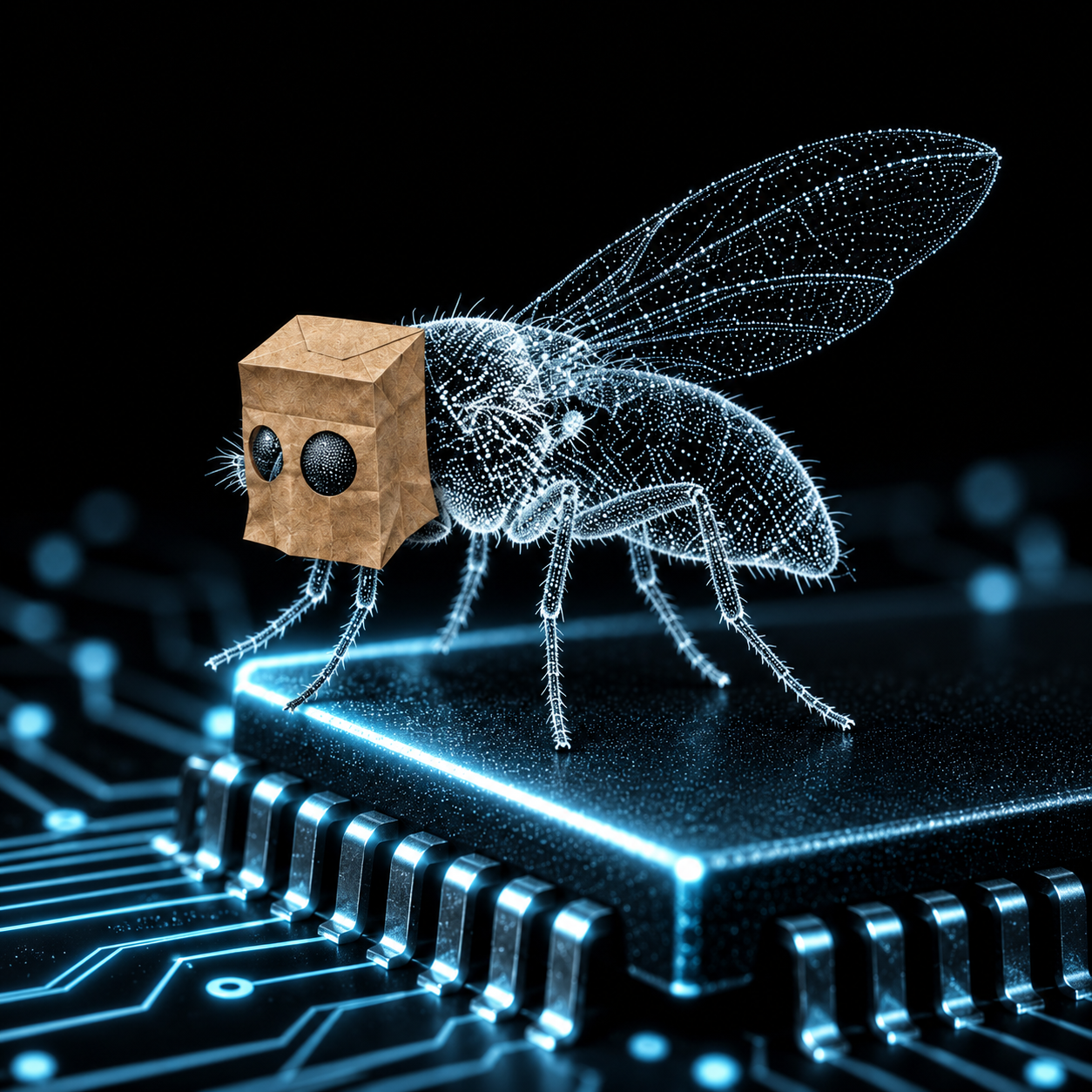 The anonymous fly standing on a glowing computer chip