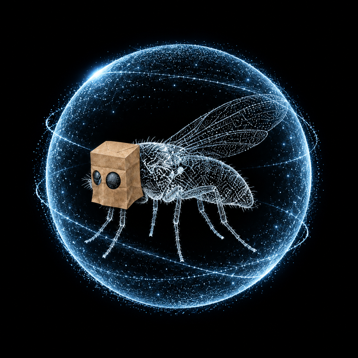 The paper-bag fly inside a luminous sphere of interconnected blue particles